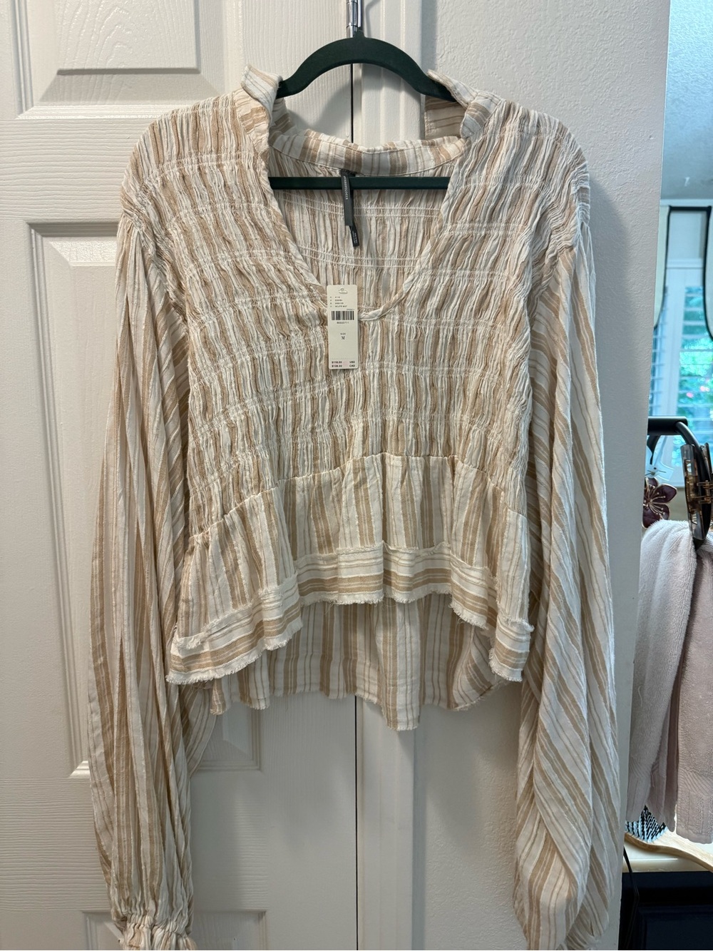 Anthropologie Cream and Beige Striped Smocked V-Neck Blouse